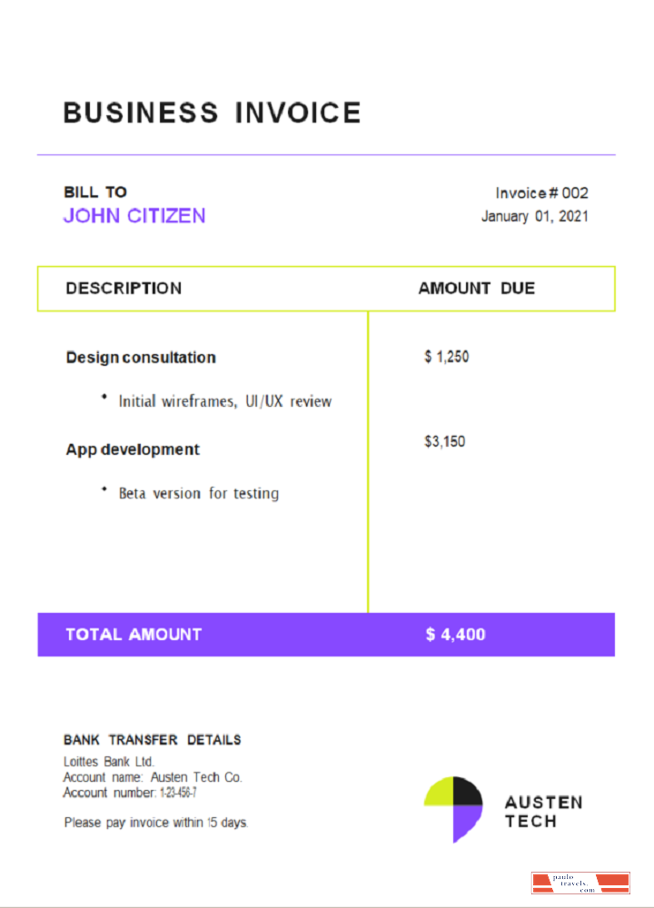 USA Austen Tech Company invoice PSD template